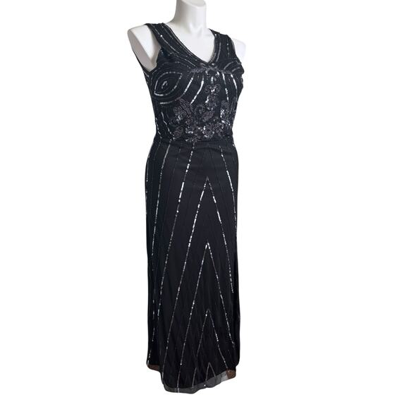 Black Sequin Illusion Sheer Maxi Dress Size Large Glam Great Gatsby Art Deco - Picture 8 of 11
